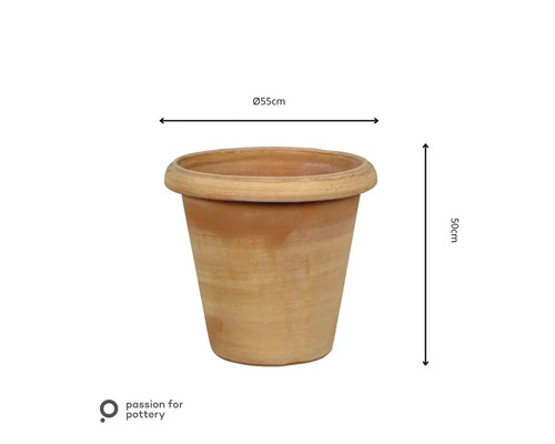 Pflanztopf aus Terrakotta mit 55 Zentimeter Durchmesser und 50 Zentimeter Höhe. Passion for Pottery Logo.