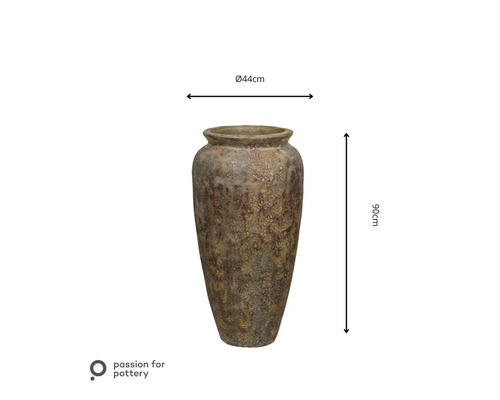 Vase de sol haut en céramique avec surface texturée, diamètre 44 centimètres, hauteur 90 centimètres. Passion for pottery Logo.