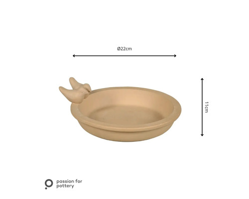Vogelbad aus Keramik mit zwei dekorativen Vögeln am Rand, Durchmesser 22 Zentimeter, Höhe 11 Zentimeter, passion for pottery Logo.