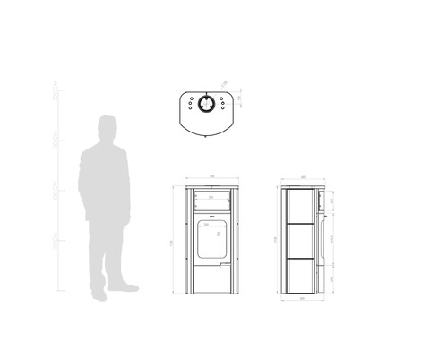 Technische Zeichnung eines Kaminofens mit Maßangaben in Millimetern und einer Silhouette zum Größenvergleich.