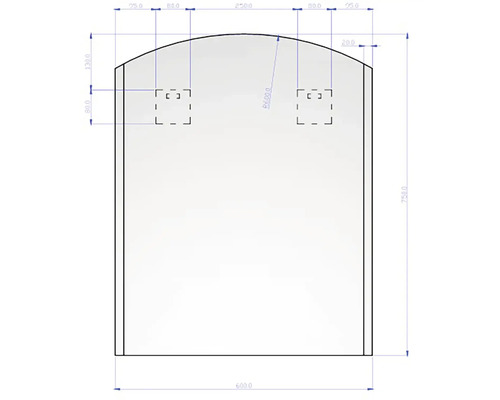 Dessin technique d un miroir cintré avec des dimensions de 600 par 750 millimètres.