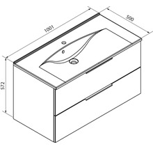 Maßzeichnung eines Waschtischunterschranks mit Waschbecken, Breite 1001 Millimeter, Tiefe 500 Millimeter, Höhe 572 Millimeter, zwei Schubladen.