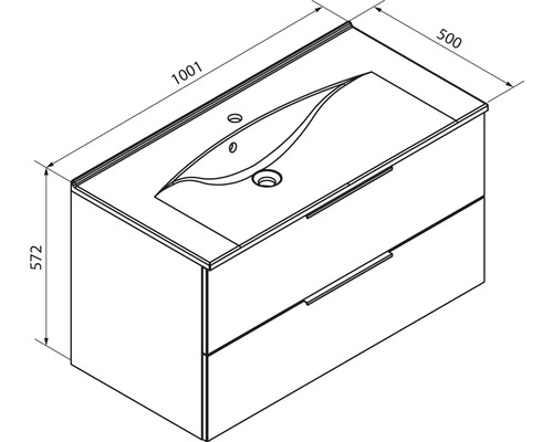 Maßzeichnung eines Waschtischunterschranks mit Waschbecken, Breite 1001 Millimeter, Tiefe 500 Millimeter, Höhe 572 Millimeter, zwei Schubladen.