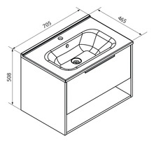 Waschbeckenunterschrank mit Waschbecken, Breite 705 Millimeter, Tiefe 465 Millimeter, Höhe 508 Millimeter, mit Schublade und offenem Fach.