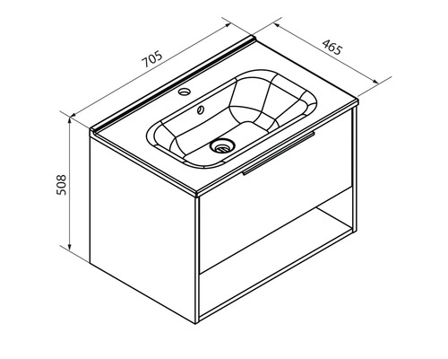 Waschbeckenunterschrank mit Waschbecken, Breite 705 Millimeter, Tiefe 465 Millimeter, Höhe 508 Millimeter, mit Schublade und offenem Fach.