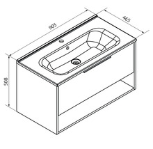 Technische Zeichnung Waschtischunterschrank mit Waschbecken, Breite 905 Millimeter, Tiefe 465 Millimeter, Höhe 508 Millimeter.