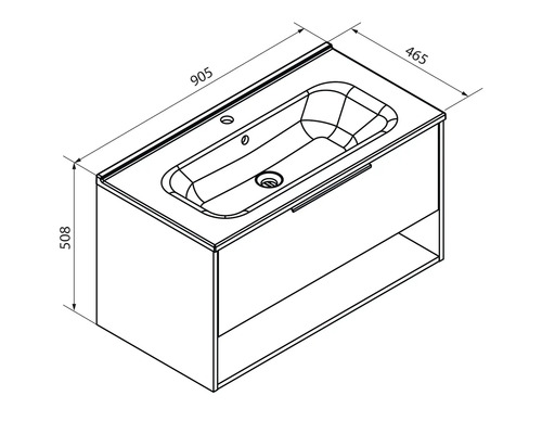 Technische Zeichnung Waschtischunterschrank mit Waschbecken, Breite 905 Millimeter, Tiefe 465 Millimeter, Höhe 508 Millimeter.