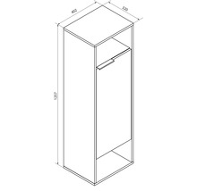 Maßzeichnung für einen Bad-Hochschrank mit einer Tür und offenen Fächern. Breite 402 Millimeter, Tiefe 320 Millimeter, Höhe 1257 Millimeter.