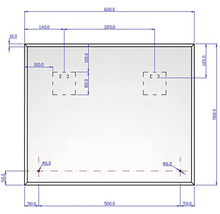 Dessin technique avec les dimensions d'un produit rectangulaire, 600 par 500 millimètres, incluant points de montage et positions des perçages.