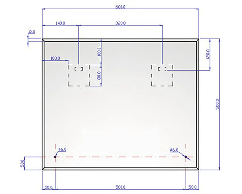 Dessin technique avec les dimensions d'un produit rectangulaire, 600 par 500 millimètres, incluant points de montage et positions des perçages.