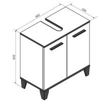 Dessin technique d'un meuble sous-lavabo avec deux portes, largeur 602 millimètres, hauteur 632 millimètres, profondeur 320 millimètres.