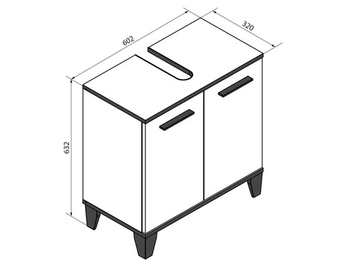 Dessin technique d'un meuble sous-lavabo avec deux portes, largeur 602 millimètres, hauteur 632 millimètres, profondeur 320 millimètres.