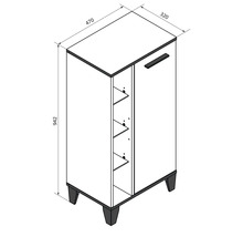 Dessin technique meuble salle de bain avec porte et étagères. Dimensions : hauteur 942, largeur 470, profondeur 320 millimètres.
