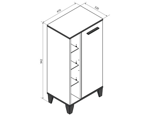 Dessin technique meuble salle de bain avec porte et étagères. Dimensions : hauteur 942, largeur 470, profondeur 320 millimètres.