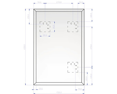 Dessin technique d'un produit rectangulaire avec des dimensions de 650 par 450 millimètres.