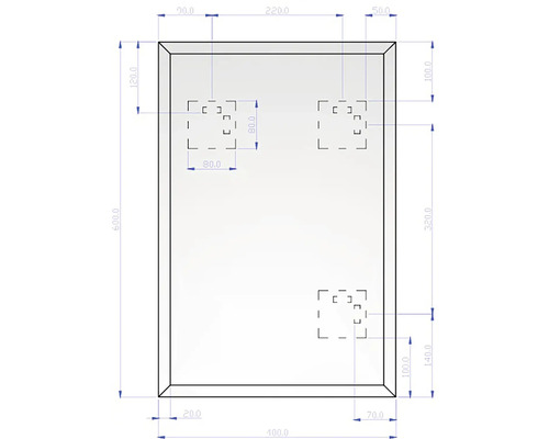 Dessin technique d'un panneau rectangulaire avec des dimensions de 600 par 400 millimètres et l'emplacement des points de montage.