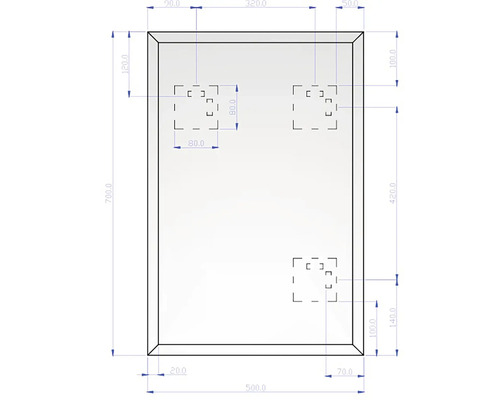 Dessin technique avec dimensions pour un miroir rectangulaire, 500 sur 700 millimètres.