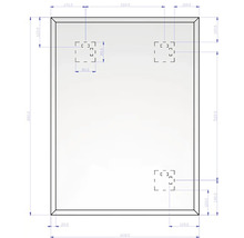 Dessin technique d'un miroir rectangulaire avec bords biseautés, dimensions 800 par 600 millimètres, incluant les positions de montage.