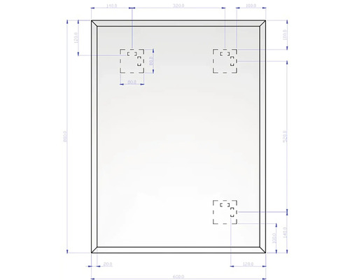 Dessin technique d'un miroir rectangulaire avec bords biseautés, dimensions 800 par 600 millimètres, incluant les positions de montage.