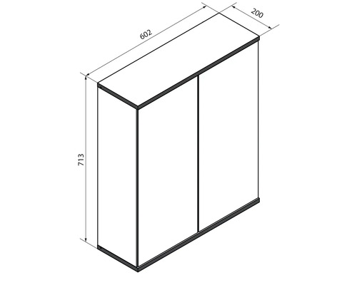 Maßskizze für einen zweitürigen Schrank mit den Maßen 602 Millimeter Breite, 713 Millimeter Höhe und 200 Millimeter Tiefe.