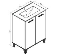 Meuble sous-vasque avec deux portes et lavabo, largeur 614 millimètres, profondeur 400 millimètres, hauteur 869 millimètres.