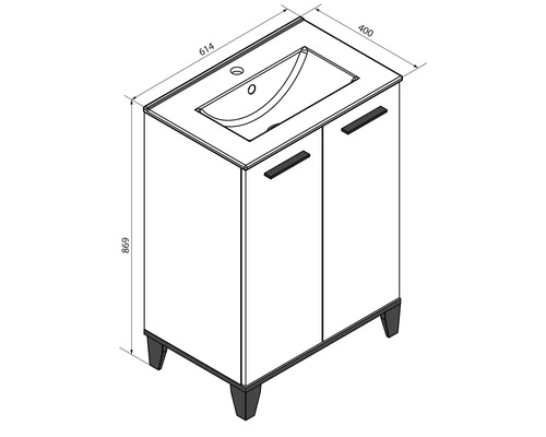 Meuble sous-vasque avec deux portes et lavabo, largeur 614 millimètres, profondeur 400 millimètres, hauteur 869 millimètres.