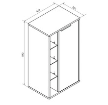 Dessin coté d'un meuble avec une porte et trois étagères, hauteur 842 millimètres, largeur 470 millimètres, profondeur 320 millimètres.