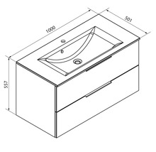 Maßzeichnung für einen Waschbeckenunterschrank mit Waschbecken, Breite 1000 Millimeter, Tiefe 501 Millimeter, Höhe 557 Millimeter, zwei Schubladen.