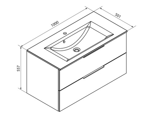 Maßzeichnung für einen Waschbeckenunterschrank mit Waschbecken, Breite 1000 Millimeter, Tiefe 501 Millimeter, Höhe 557 Millimeter, zwei Schubladen.