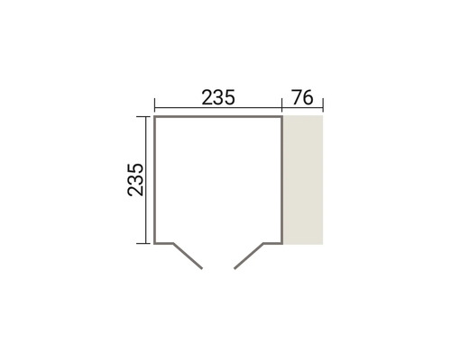 Dessin technique avec des dimensions de 235 sur 235 centimètres et une zone d annexe latérale de 76 centimètres de large.