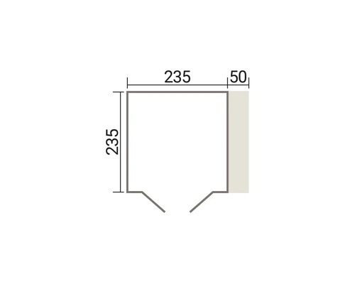 Dessin technique d une cabine de douche carrée avec des dimensions de 235 sur 235 centimètres et une paroi latérale supplémentaire de 50 centimètres