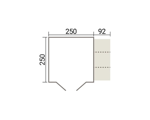 Dessin technique d un plan d etage carre avec des dimensions de 250 par 250 centimetres et une extension supplementaire de 92 centimetres.