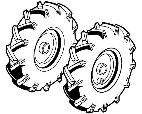 Deux roues agraires pour machines de jardin avec un profil profond pour une meilleure traction.