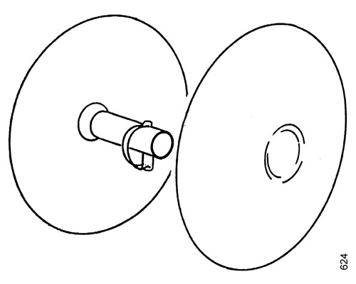 Paire de rosaces de porte rondes avec une tige de raccordement et un clip de sécurité.
