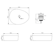 Dessin technique d une vasque à poser ovale de 510 par 390 par 130 millimètres avec détail de la bonde de vidage.