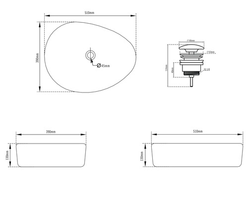Dessin technique d une vasque à poser ovale de 510 par 390 par 130 millimètres avec détail de la bonde de vidage.