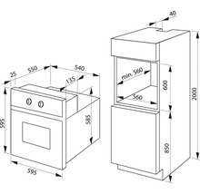 Dessin technique avec les dimensions d'un four encastrable et son installation dans une armoire de cuisine haute.
