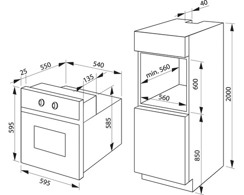Dessin technique avec les dimensions d'un four encastrable et son installation dans une armoire de cuisine haute.
