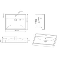 Dessin technique d'un lavabo rectangulaire avec dimensions : 610 millimètres de large, 460 millimètres de profondeur et 165 millimètres de haut.