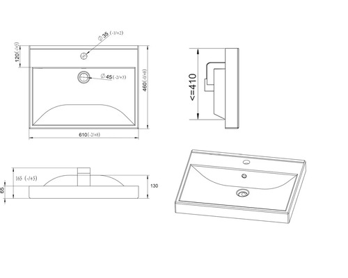 Dessin technique d'un lavabo rectangulaire avec dimensions : 610 millimètres de large, 460 millimètres de profondeur et 165 millimètres de haut.