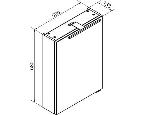 Dessin technique d'une armoire de toilette avec éclairage, largeur 500, hauteur 680 et profondeur 153 millimètres.