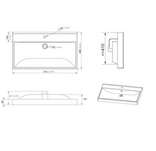 Dessin technique d'un lavabo rectangulaire avec dimensions en millimètres. Vues de dessus, de profil, de face et en perspective.