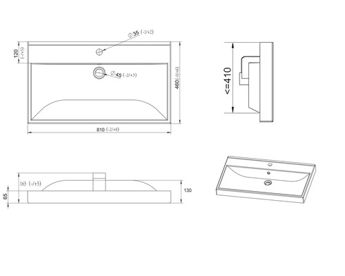 Dessin technique d'un lavabo rectangulaire avec dimensions en millimètres. Vues de dessus, de profil, de face et en perspective.