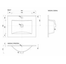 Schéma technique d un lavabo pour meuble avec vue de dessus, vue latérale et vue de face ainsi que les dimensions en millimètre.