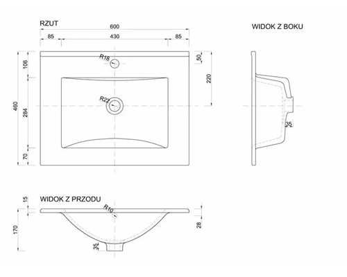 Schéma technique d un lavabo pour meuble avec vue de dessus, vue latérale et vue de face ainsi que les dimensions en millimètre.