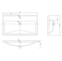 Schéma technique d'un lavabo mesurant 815 par 465 millimètres, vues de dessus, de profil et de face.