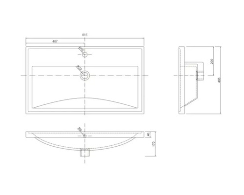 Schéma technique d'un lavabo mesurant 815 par 465 millimètres, vues de dessus, de profil et de face.