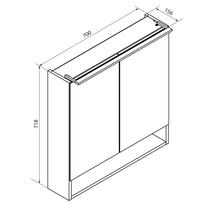 Dessin technique d'une armoire de toilette avec deux portes et compartiment ouvert, largeur 700 mm, hauteur 718 mm, profondeur 156 mm.