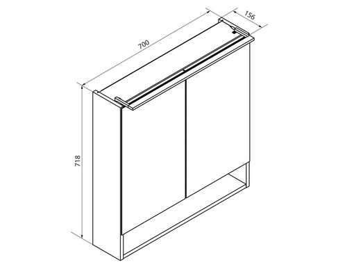 Dessin technique d'une armoire de toilette avec deux portes et compartiment ouvert, largeur 700 mm, hauteur 718 mm, profondeur 156 mm.