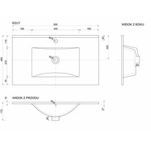 Dessin technique d'un lavabo avec les dimensions en vue de dessus, de profil et de face.